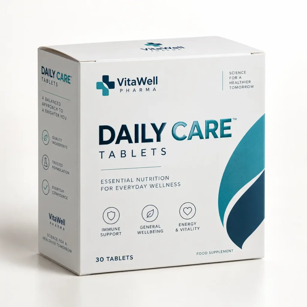 VitaWell Pharma Daily Care Tablets white supplement box, teal wave design, 30 tablets, immune support, energy, wellness packaging