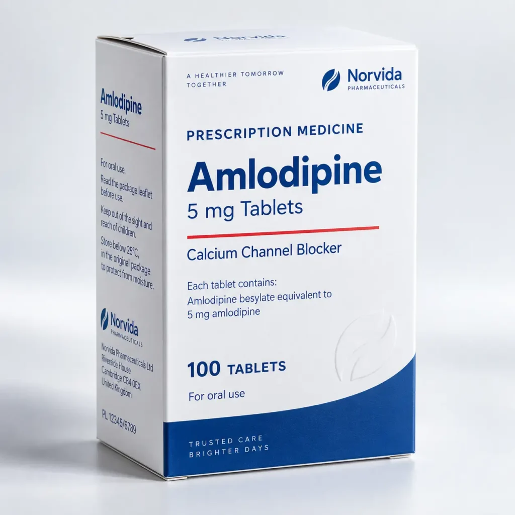 White and blue Amlodipine 5mg prescription medicine box by Norvida Pharmaceuticals, 100 tablets, calcium channel blocker pharmaceutical packaging d...