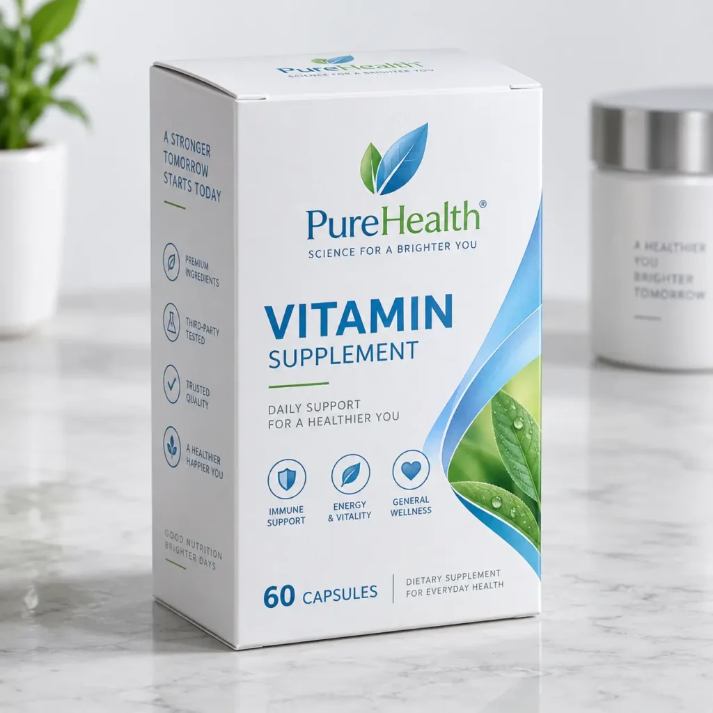 PureHealth white vitamin supplement box, 60 capsules, blue-green branding, marble surface, premium dietary packaging design