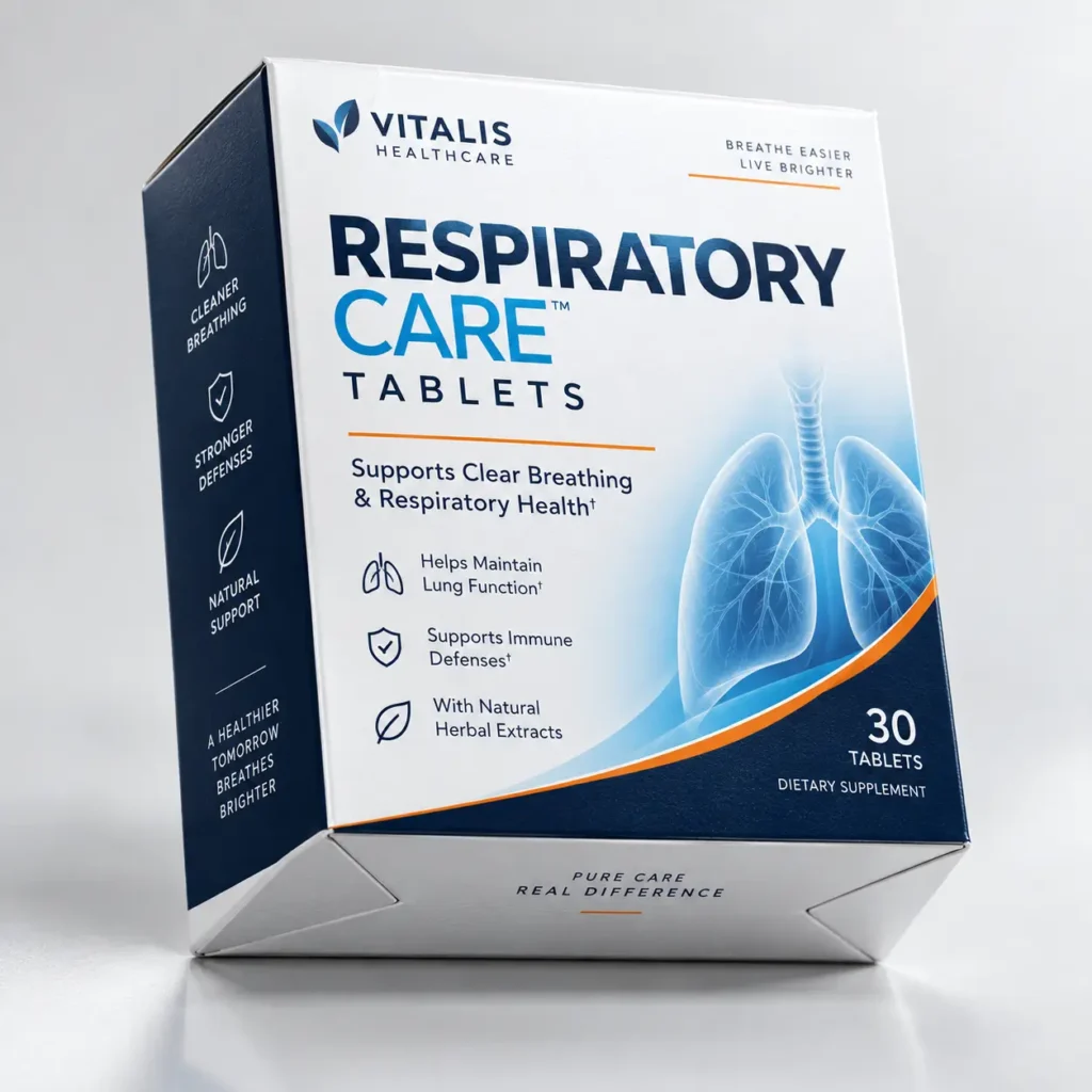 Vitalis Healthcare Respiratory Care Tablets box, navy blue and white packaging, 30 tablets dietary supplement, lung health support