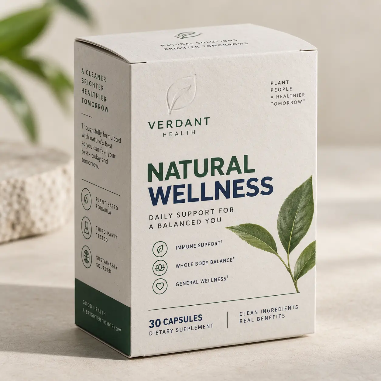 Verdant Health Natural Wellness supplement box, 30 capsules, white eco packaging with green leaves, plant-based dietary supplement