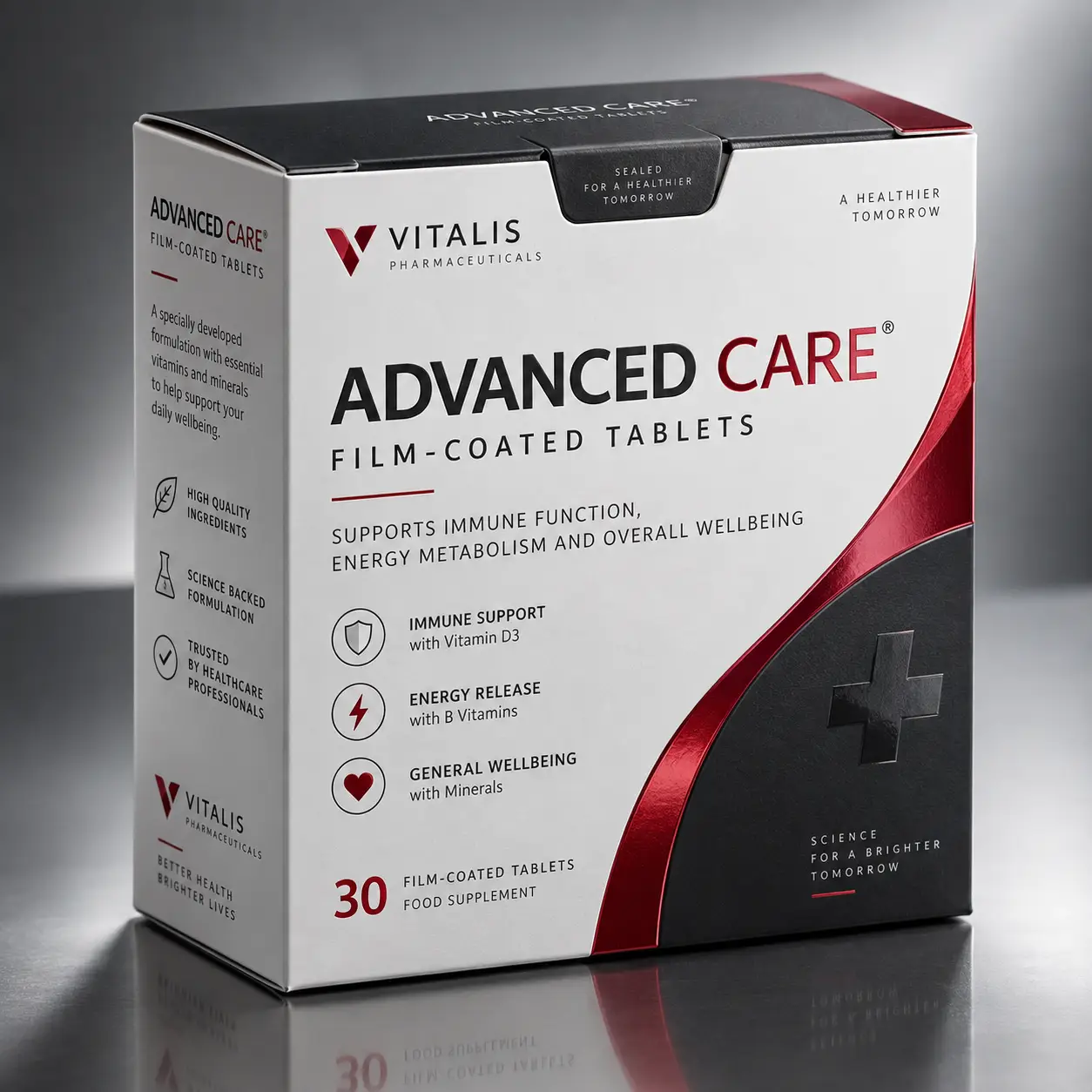Vitalis Advanced Care film-coated tablets box, white black red pharmaceutical packaging, 30 tablets immune support energy wellness supplement
