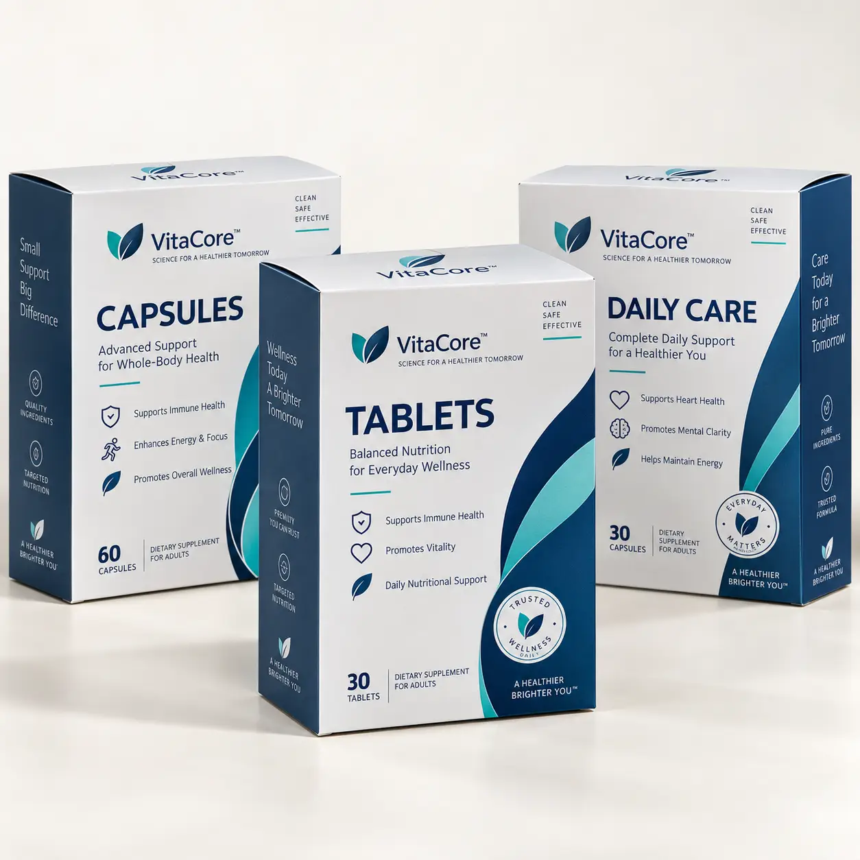 Three VitaCore supplement boxes in navy blue and white: Capsules 60ct, Tablets 30ct, Daily Care 30ct dietary packaging design