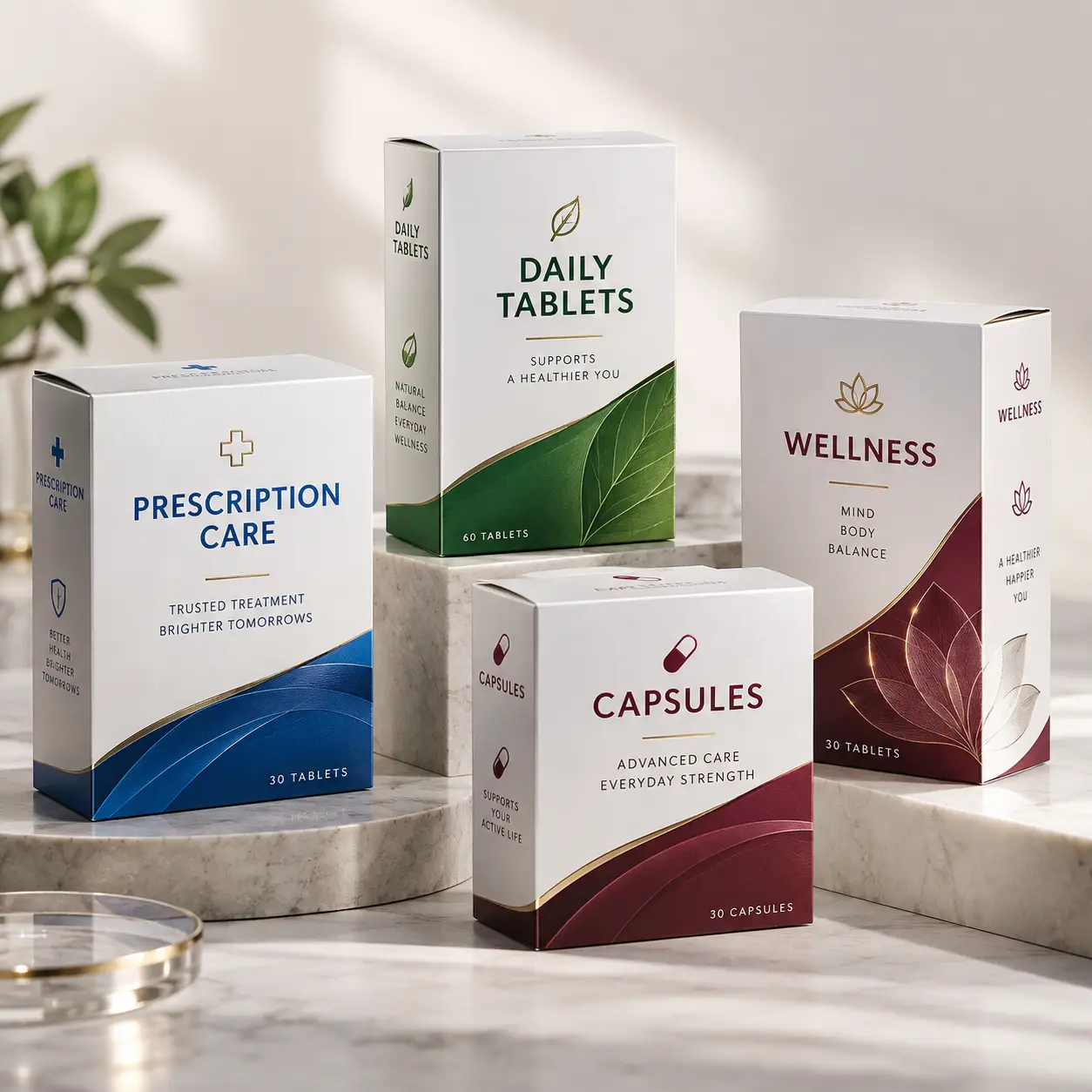 Four premium medicine packaging boxes in white, blue, and burgundy on marble surface — prescription care, wellness, capsules, daily tablets