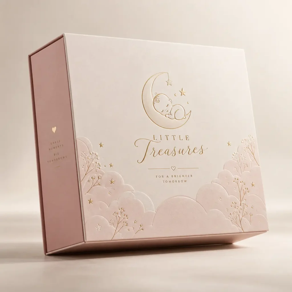 Blush pink luxury baby gift box with gold foil Little Treasures logo, sleeping baby moon embossing, clouds, stars, premium packaging