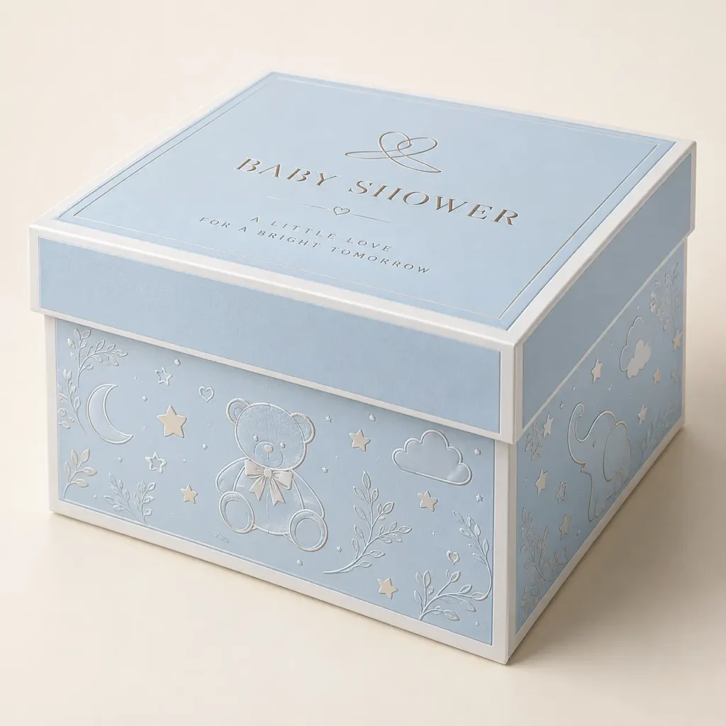 Light blue baby shower gift box with embossed teddy bear, stars, moon, clouds, and white trim, featuring elegant gold text