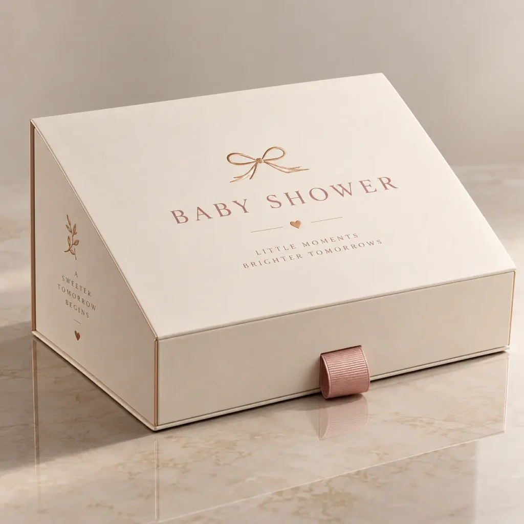 Elegant cream baby shower gift box with rose gold bow print and pink ribbon pull, marble surface display