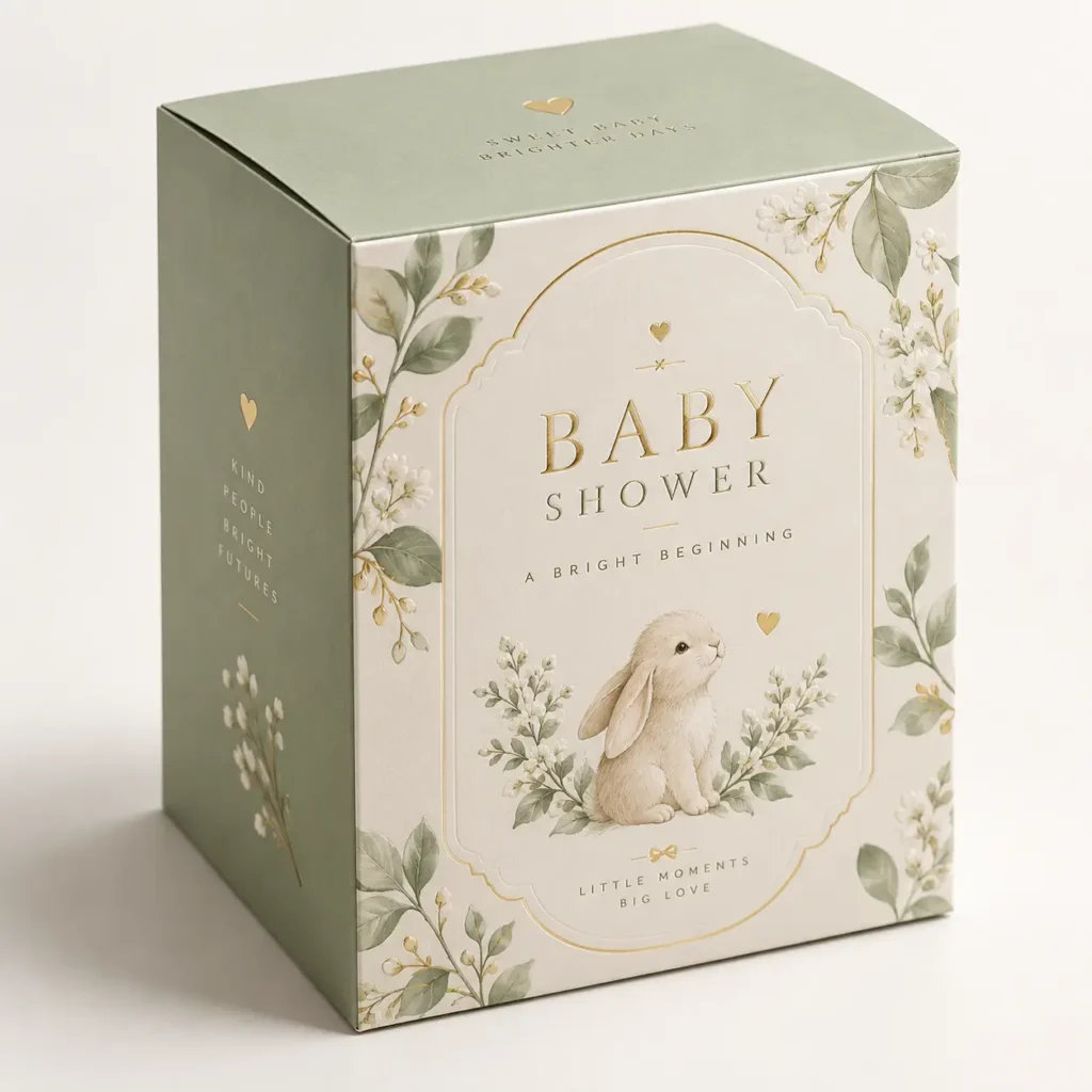 Sage green baby shower gift box with bunny illustration, gold foil text, floral botanicals, elegant packaging design