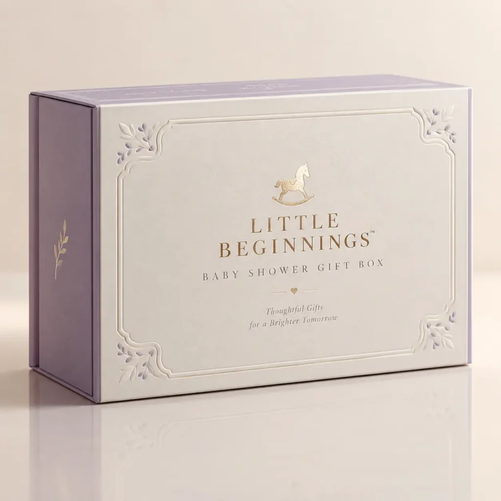 Elegant lavender baby shower gift box with gold rocking horse, Little Beginnings branding, embossed floral details, luxury packaging design
