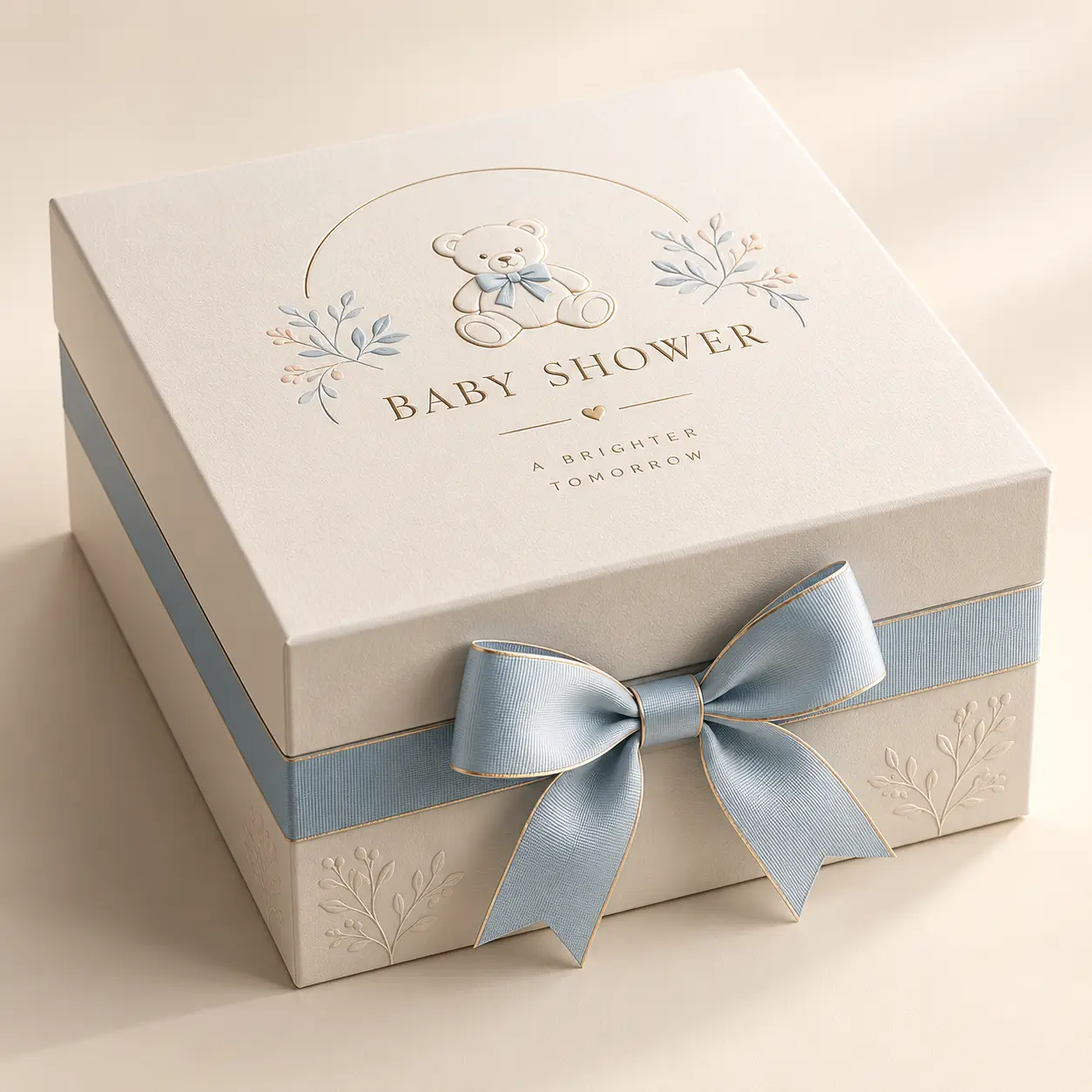Elegant cream baby shower gift box with blue ribbon bow, teddy bear design, floral embossing, and gold text by The Packaging Masters