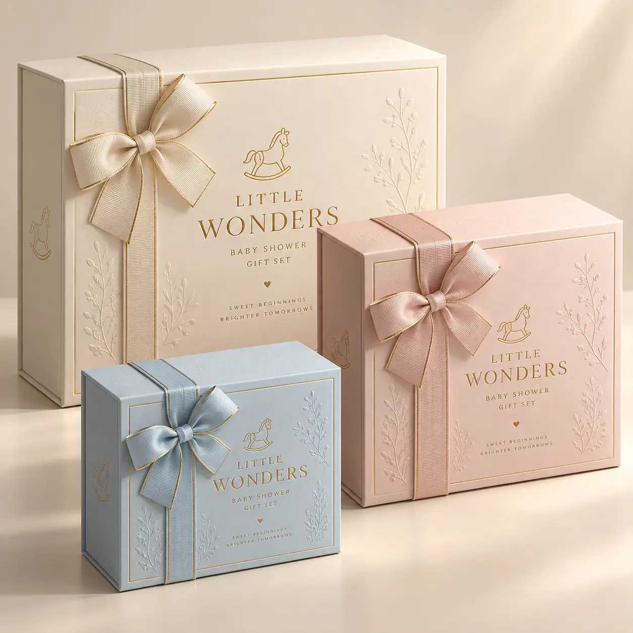 Three elegant Little Wonders baby shower gift boxes in cream, blush pink, and sky blue with satin bows and gold embossed rocking horse design