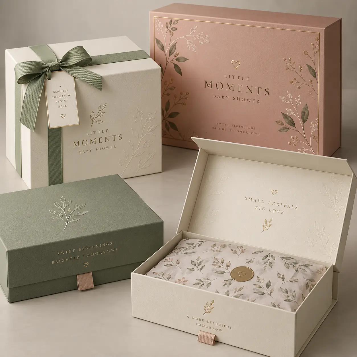 Elegant baby shower gift boxes in sage green, blush pink, cream with gold botanical embossing and Little Moments branding