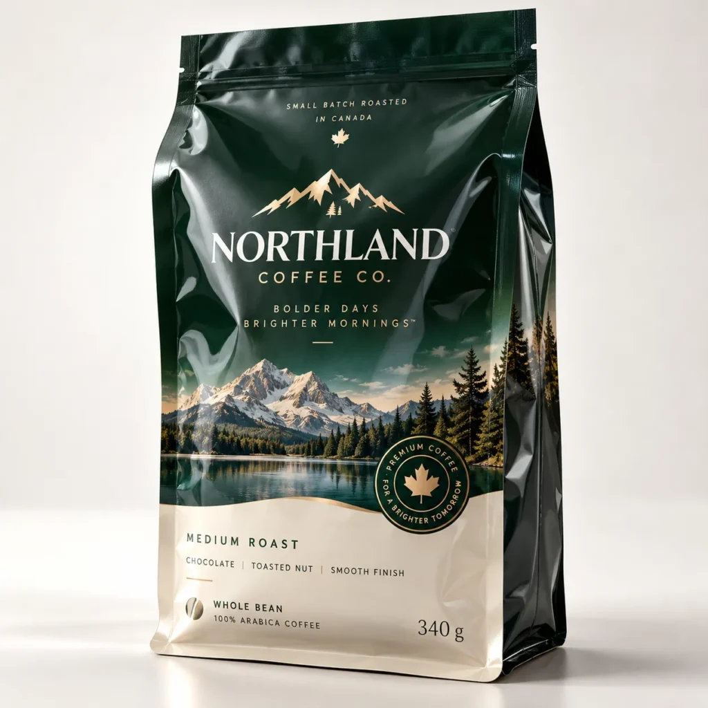 Dark green premium coffee bag packaging design for Northland Coffee Co. Medium Roast, 340g whole bean, Canadian small batch