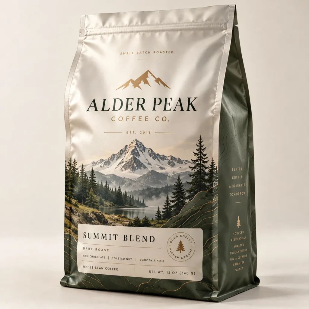 Alder Peak Coffee Co Summit Blend dark roast 12oz silver bag with mountain lake landscape and pine trees packaging design