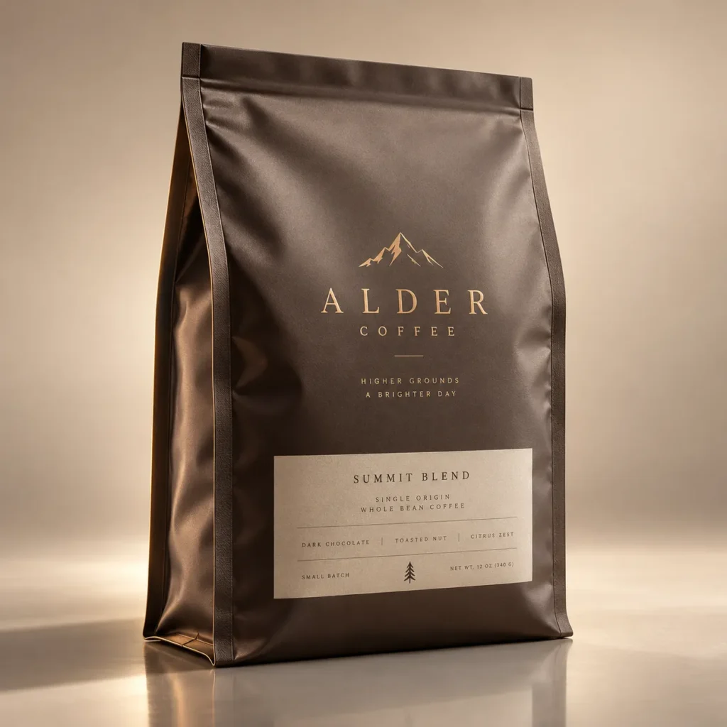 Dark brown matte coffee bag packaging design for Alder Coffee Summit Blend, gold foil mountain logo, premium small batch branding