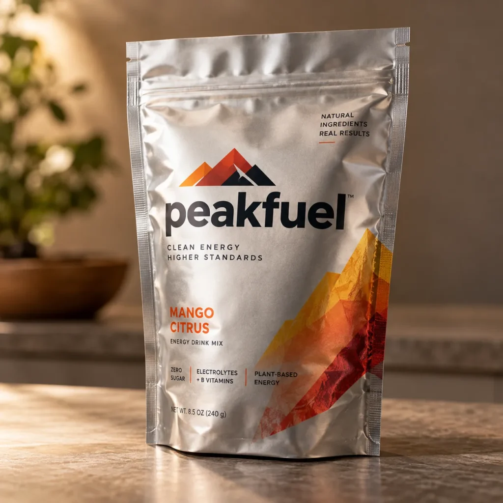 Silver mylar pouch of Peakfuel Mango Citrus energy drink mix with mountain logo, zero sugar, plant-based, 240g package on marble surface