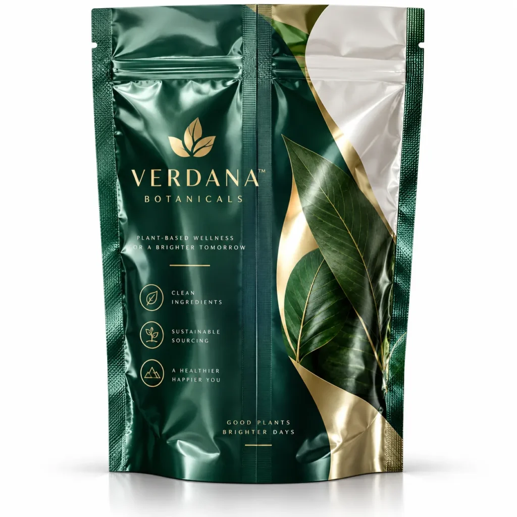 Dark green luxury supplement pouch packaging Verdana Botanicals with gold botanical leaf design and wellness branding