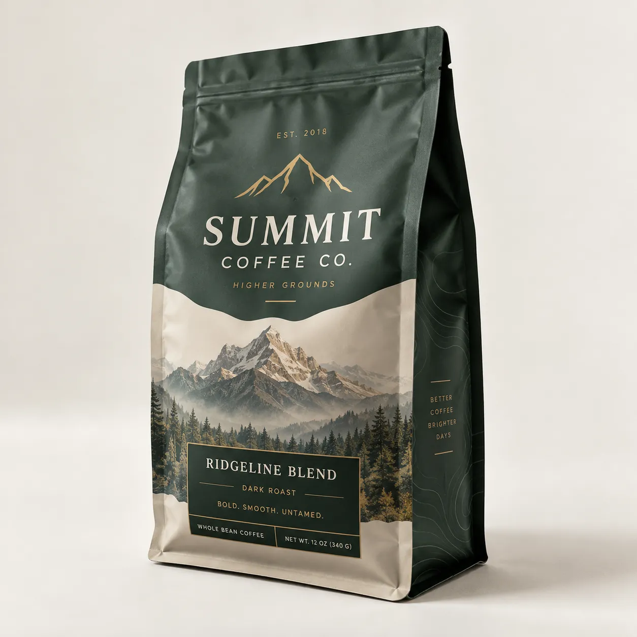 Dark green Summit Coffee Co. Ridgeline Blend dark roast whole bean coffee bag with gold mountain logo and scenic forest packaging design