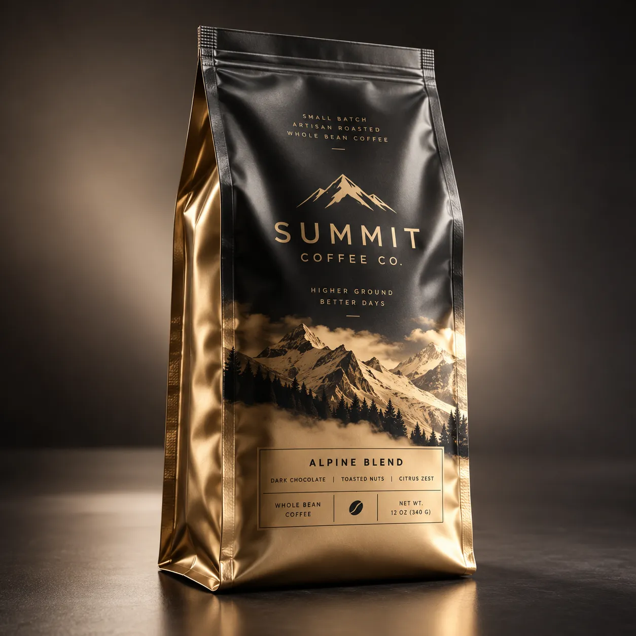 Premium black and gold Summit Coffee Co Alpine Blend whole bean coffee bag with mountain landscape packaging design