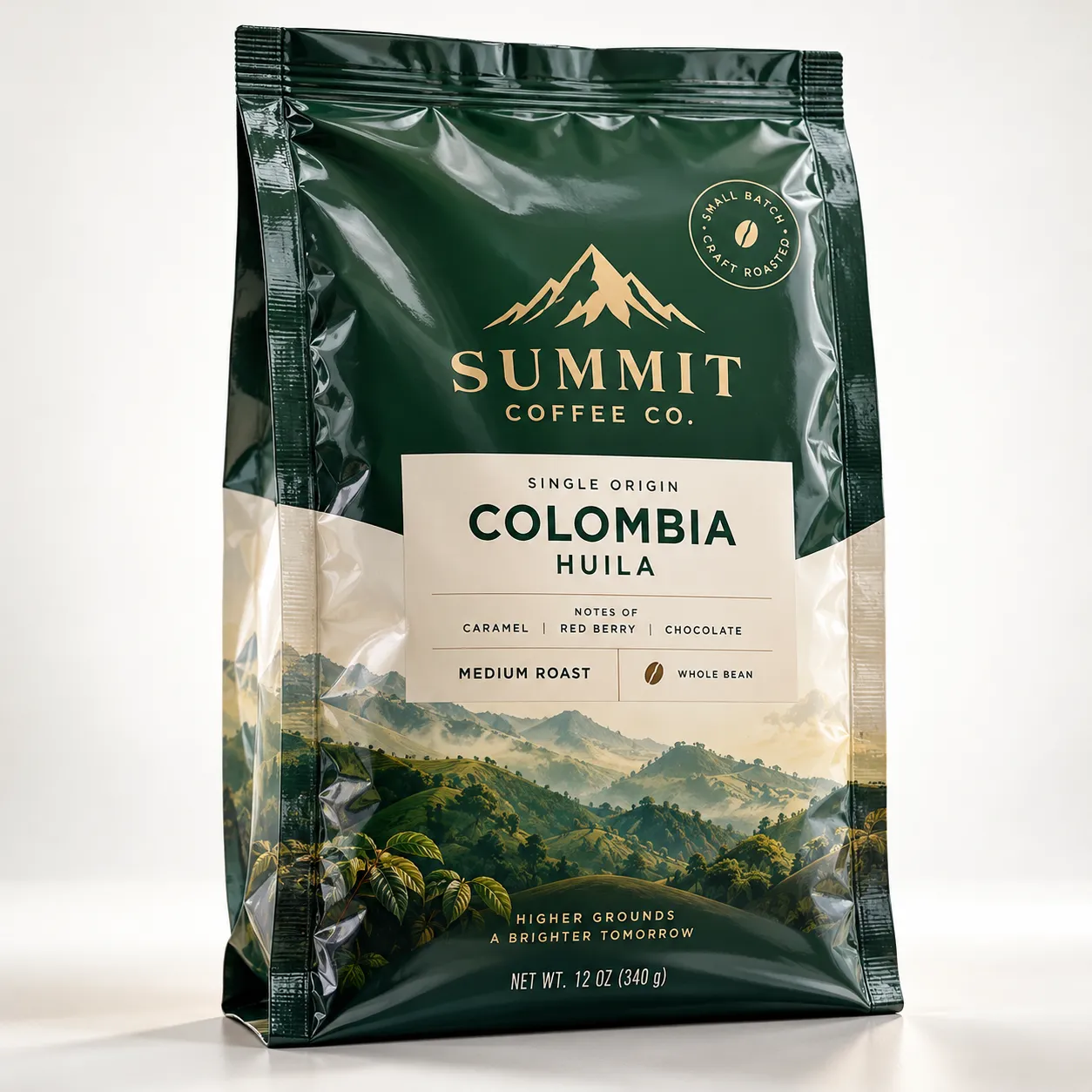 Dark green whole bean coffee bag by Summit Coffee Co., Colombia Huila single origin medium roast, gold mountain logo, 12oz