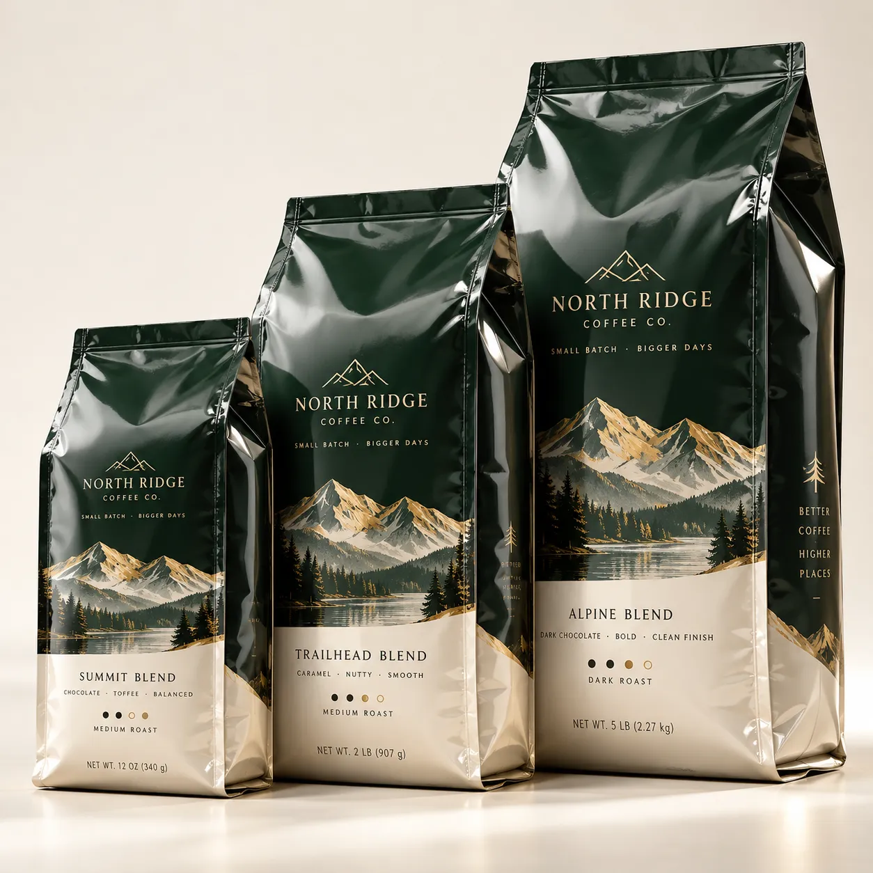 Three dark green glossy coffee bags by North Ridge Coffee Co. featuring mountain lake scenes in gold, cream, and forest tones