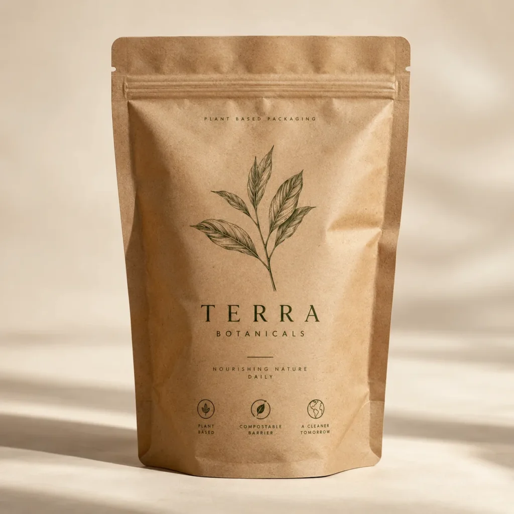 Kraft brown compostable stand-up pouch with botanical leaf print for Terra Botanicals, plant-based eco-friendly packaging design