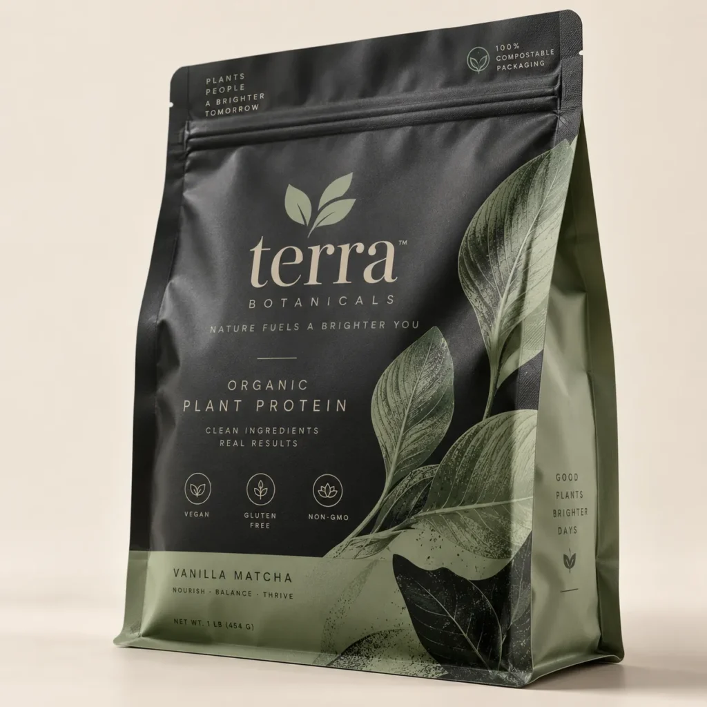 Terra Botanicals organic plant protein vanilla matcha 1lb black green resealable pouch with botanical leaf design, vegan gluten-free non-GMO