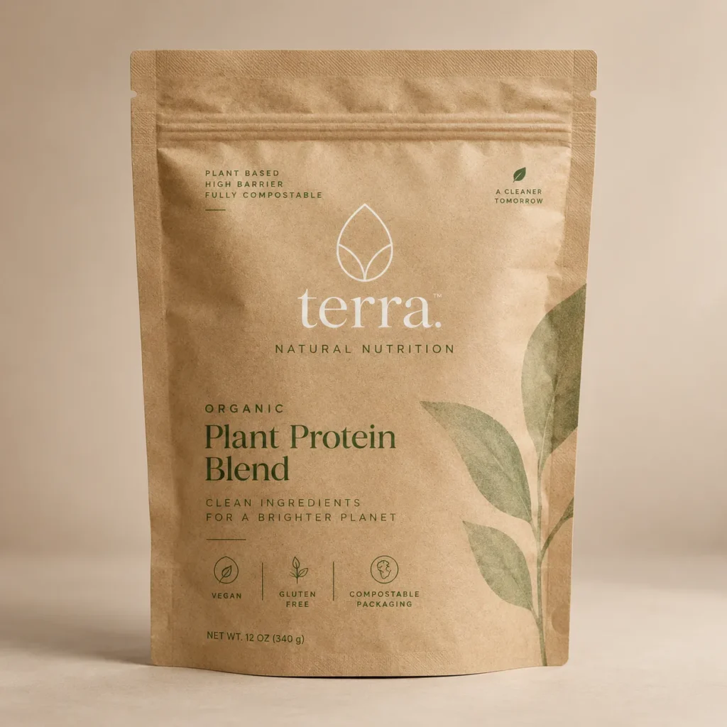 Kraft brown compostable stand-up pouch for Terra Natural Nutrition organic plant protein blend, vegan gluten-free supplement packaging design