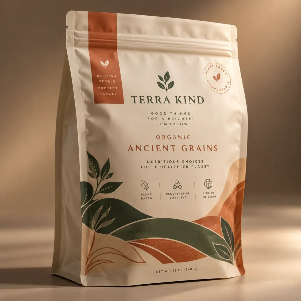 Terra Kind organic ancient grains compostable kraft pouch packaging design with earthy terracotta green botanical leaf motifs