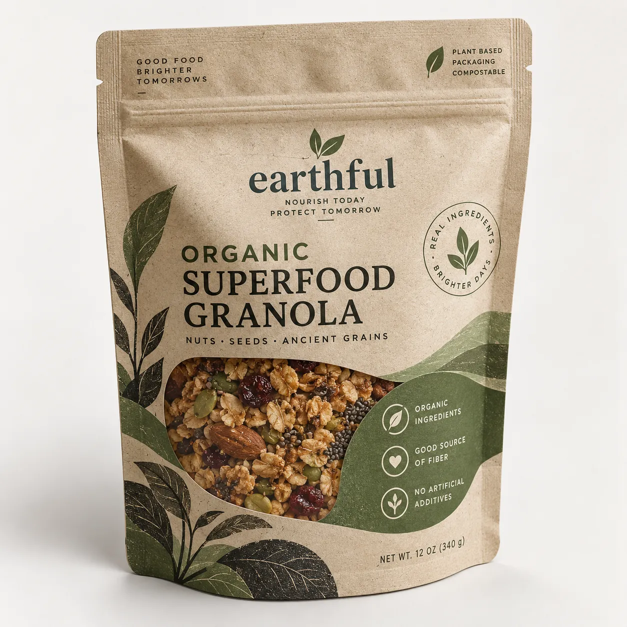 Earthful organic superfood granola kraft pouch with green botanical design, nuts seeds visible, compostable eco-friendly packaging