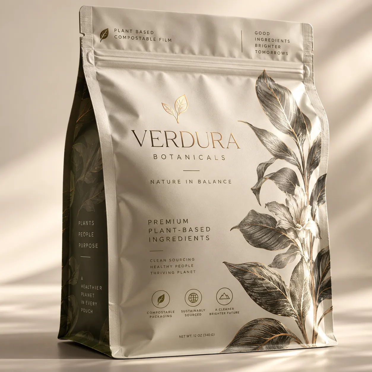Verdura Botanicals premium plant-based supplement pouch, white compostable packaging with gold botanical illustration, eco-friendly design