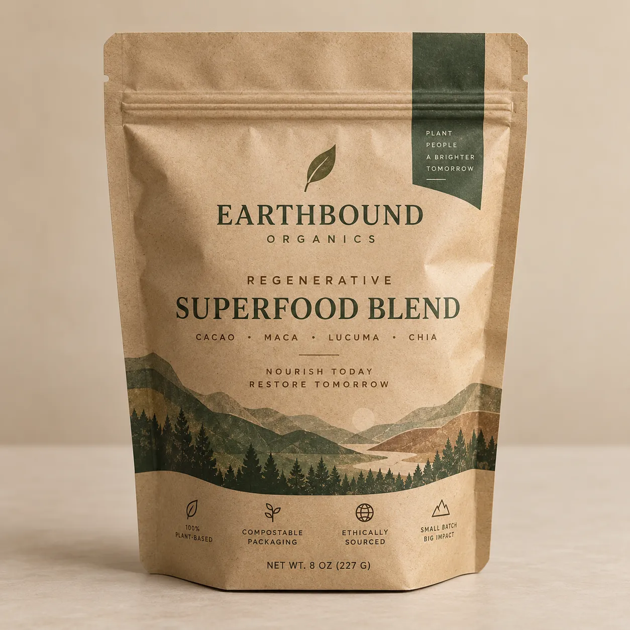 Kraft brown stand-up pouch for Earthbound Organics Regenerative Superfood Blend with forest mountain landscape print