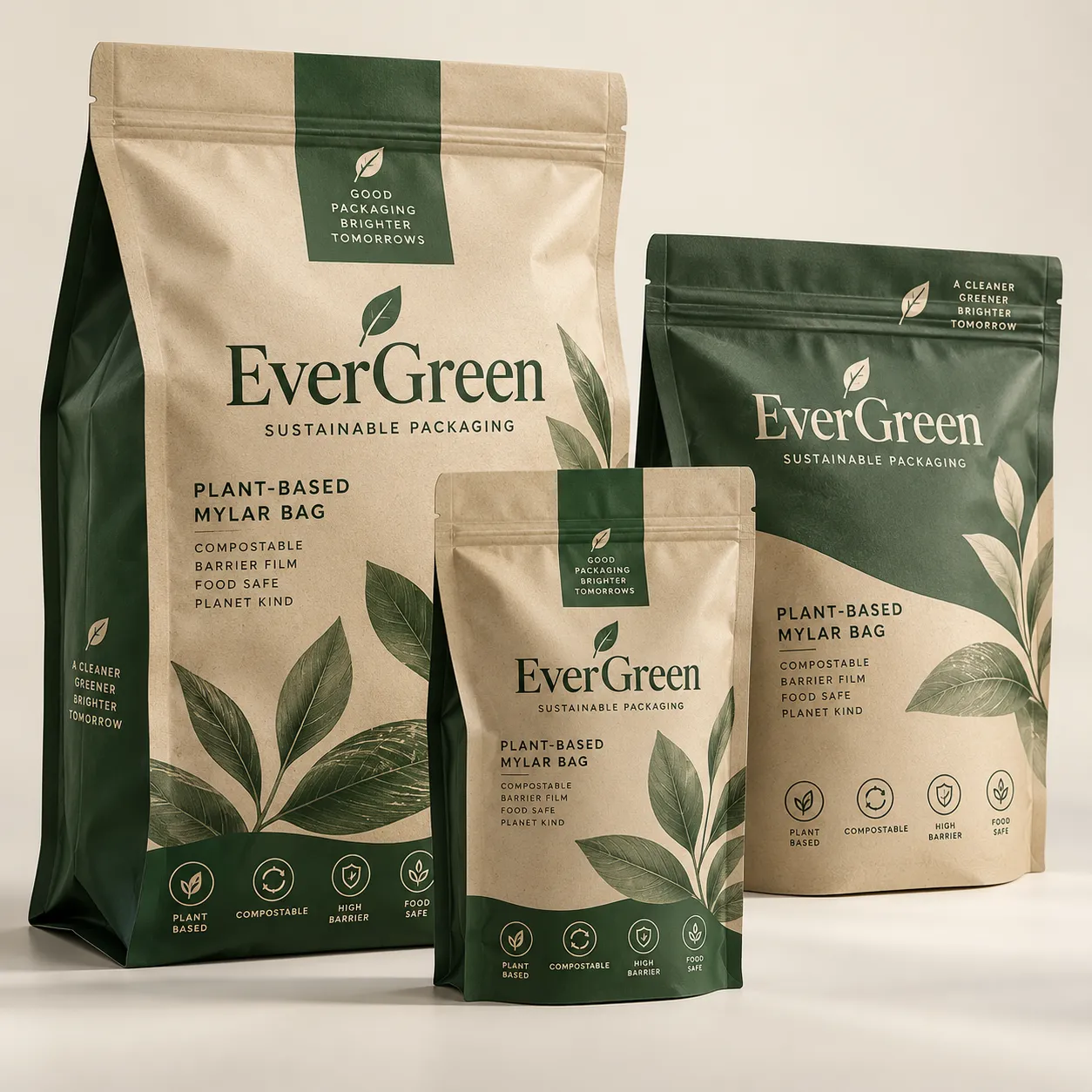 Three EverGreen sustainable plant-based compostable Mylar bags in kraft beige and dark green, small to large sizes