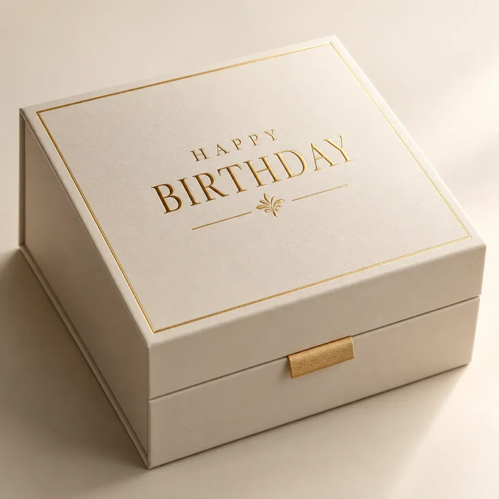 Elegant cream luxury birthday gift box with gold foil Happy Birthday embossed text and decorative fleur accent, premium packaging