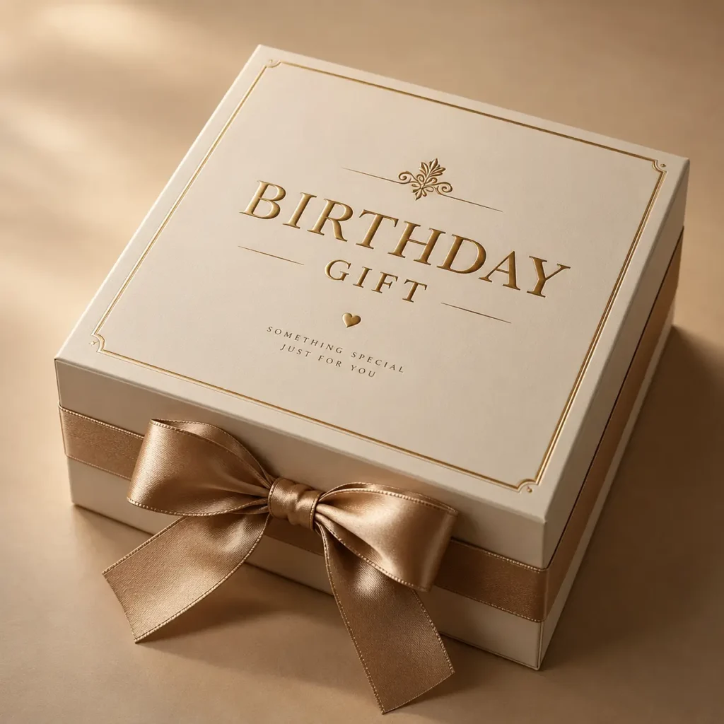 Elegant cream birthday gift box with gold foil text and satin ribbon bow, luxury packaging by The Packaging Masters