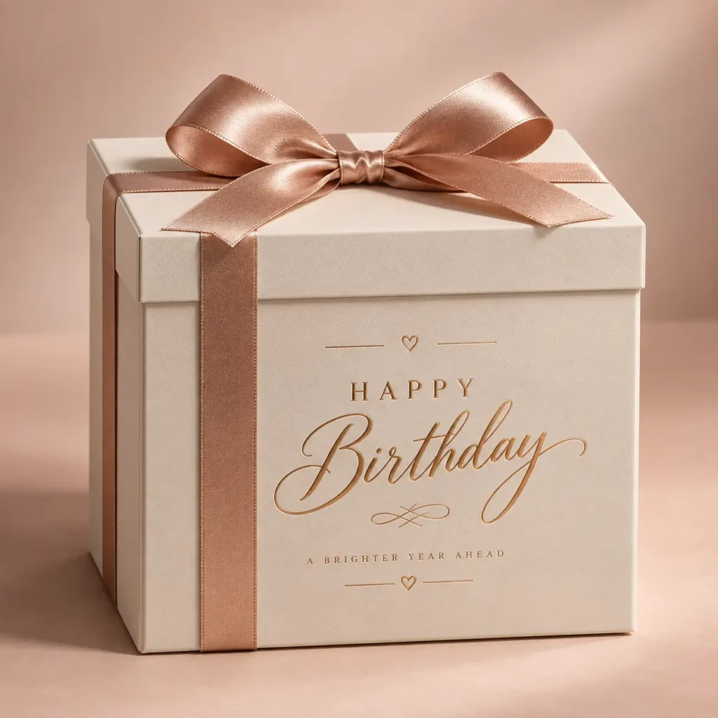Elegant cream birthday gift box with rose gold satin ribbon bow, gold foil Happy Birthday text, luxury packaging design