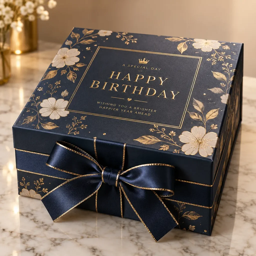 Luxury navy blue birthday gift box with gold floral print, satin bow, and Happy Birthday text on marble surface