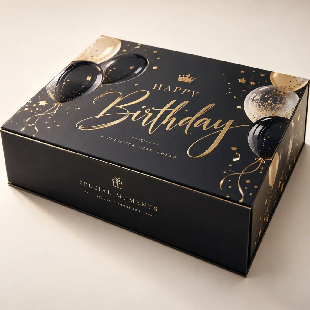 Luxury black gold Happy Birthday gift box with balloons, crown, and elegant typography by The Packaging Masters