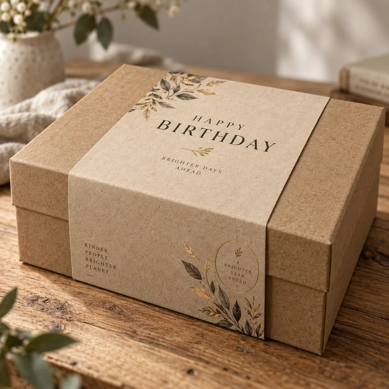 Kraft birthday gift box with gold botanical design and Happy Birthday label on rustic wood table