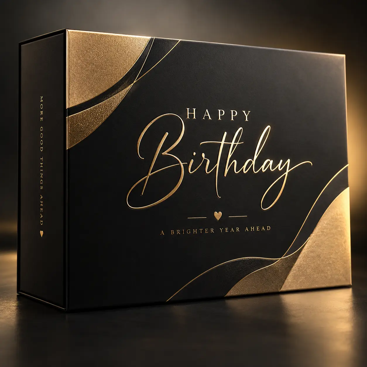 Luxury black and gold birthday gift box with elegant script Happy Birthday text and A Brighter Year Ahead message