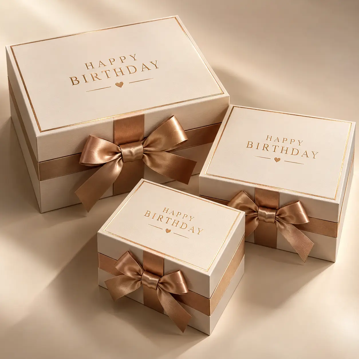 Three elegant cream gold Happy Birthday gift boxes with bronze satin ribbon bows, luxury birthday packaging by The Packaging Masters