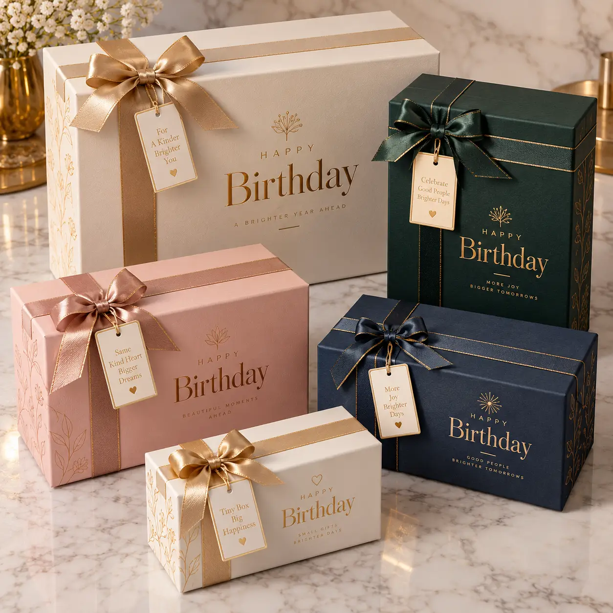Five elegant Happy Birthday gift boxes in cream, pink, navy, and green with satin ribbon bows and gold tags on marble surface