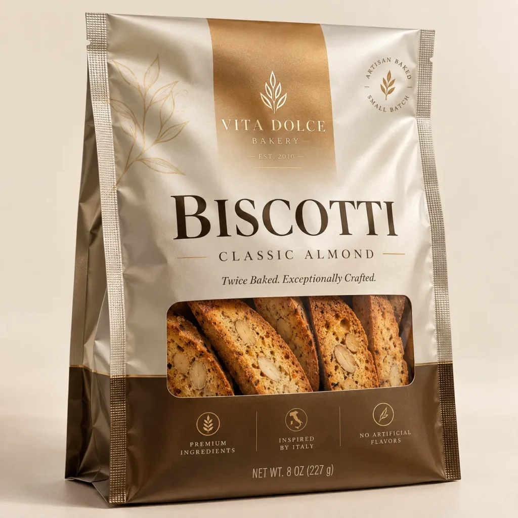 Vita Dolce Bakery classic almond biscotti in elegant gold and silver premium food packaging bag, 8oz artisan small batch