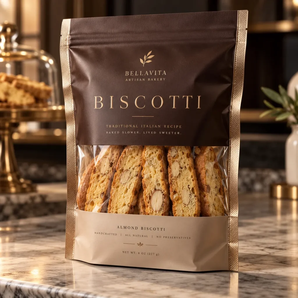 Bellavita Artisan Bakery almond biscotti premium packaging, dark brown gold foil resealable bag on marble countertop, luxury food packaging design
