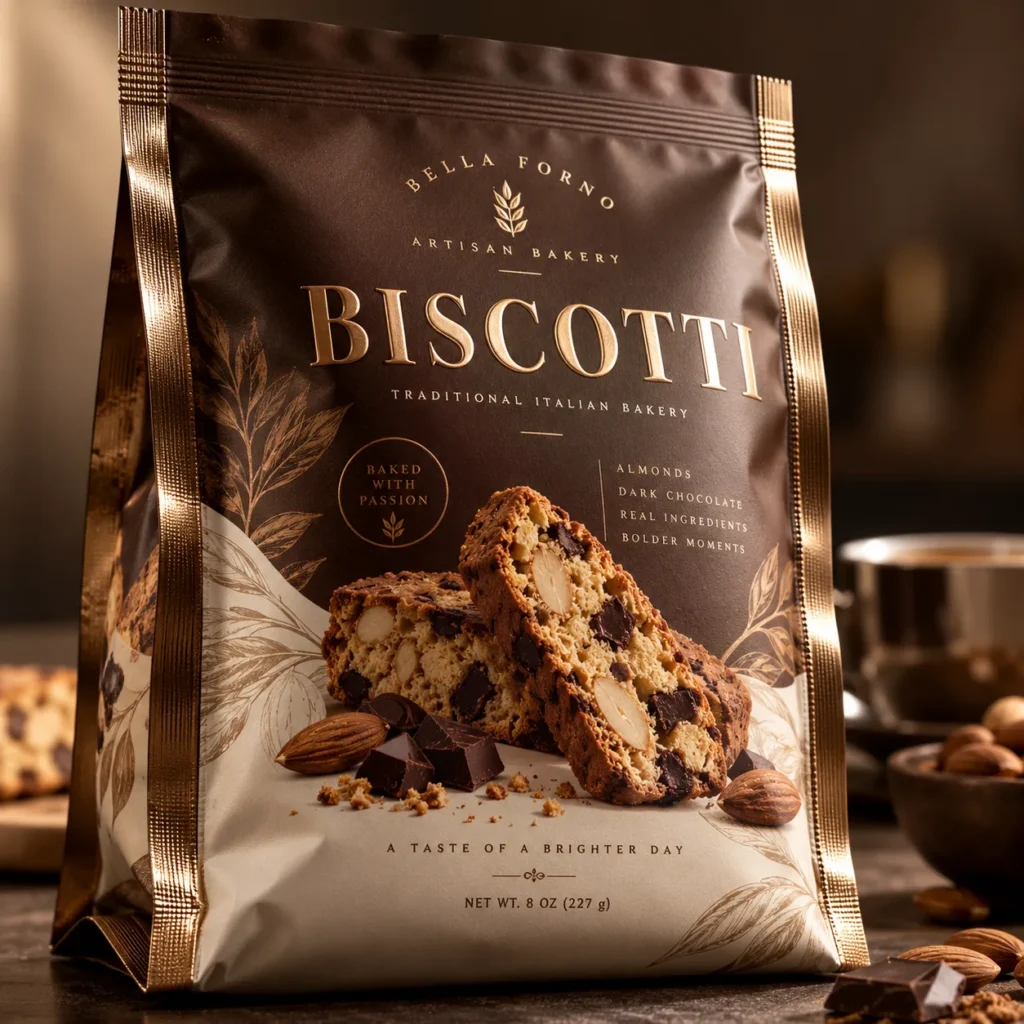 Bella Forno artisan biscotti packaging bag in brown and gold with almonds, dark chocolate, elegant Italian bakery design, 8oz