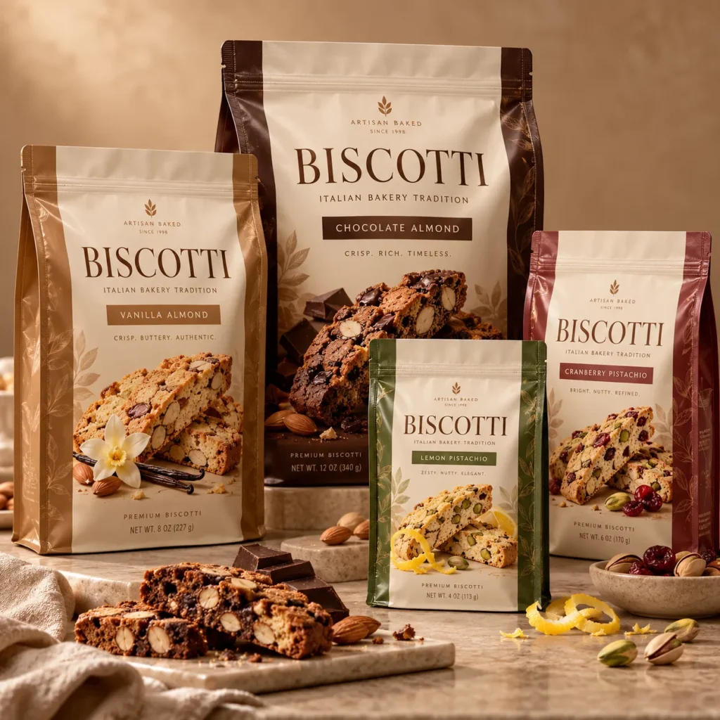 Four artisan biscotti packaging bags in gold, green, and burgundy displaying Chocolate Almond, Vanilla Almond, Lemon Pistachio, and Cranberry Pista...