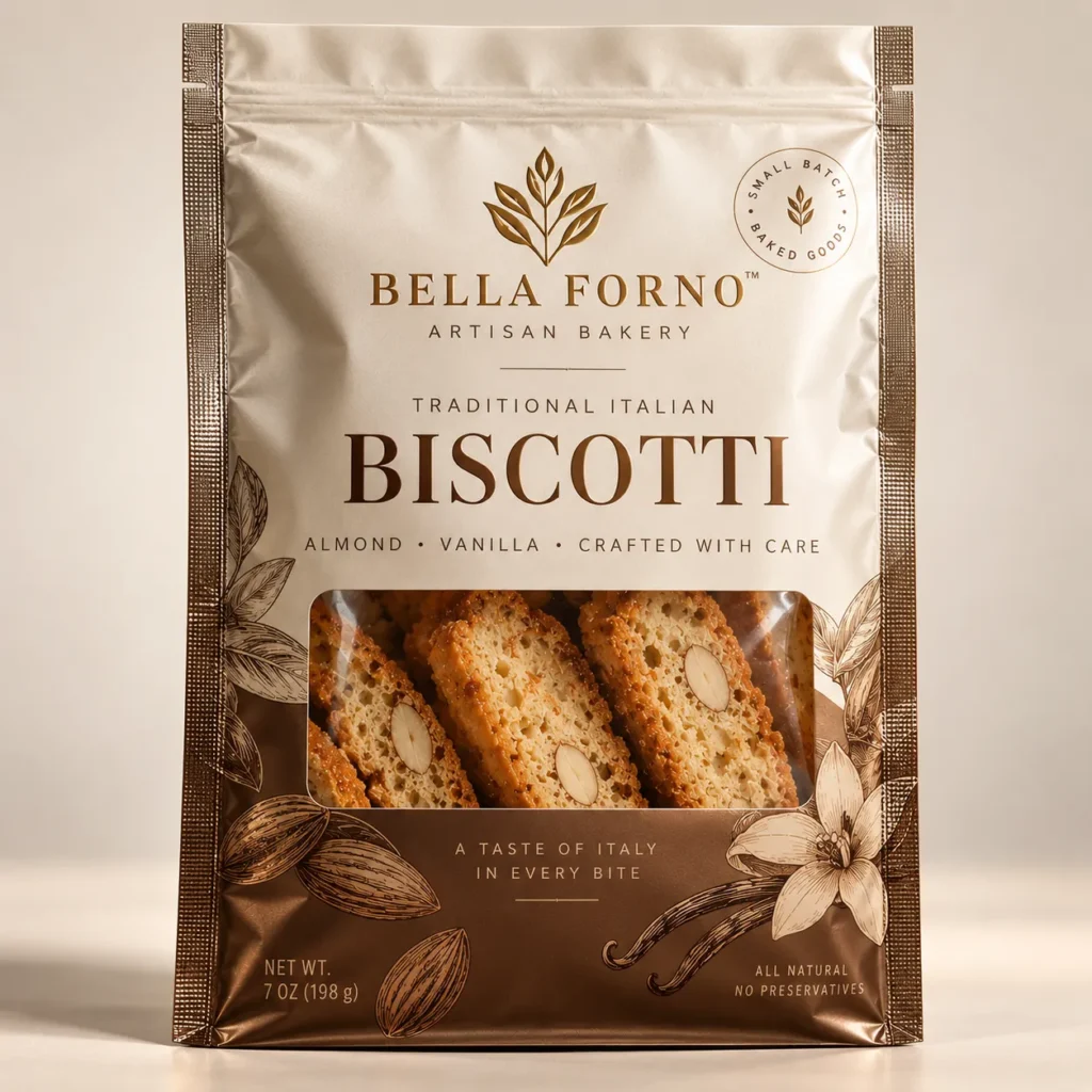 Bella Forno artisan biscotti packaging, gold metallic bag with almond vanilla Italian cookies visible through window, 7oz