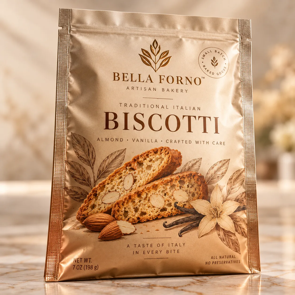 Gold foil biscotti packaging bag by Bella Forno Artisan Bakery featuring almond vanilla Italian cookies, elegant premium food packaging design