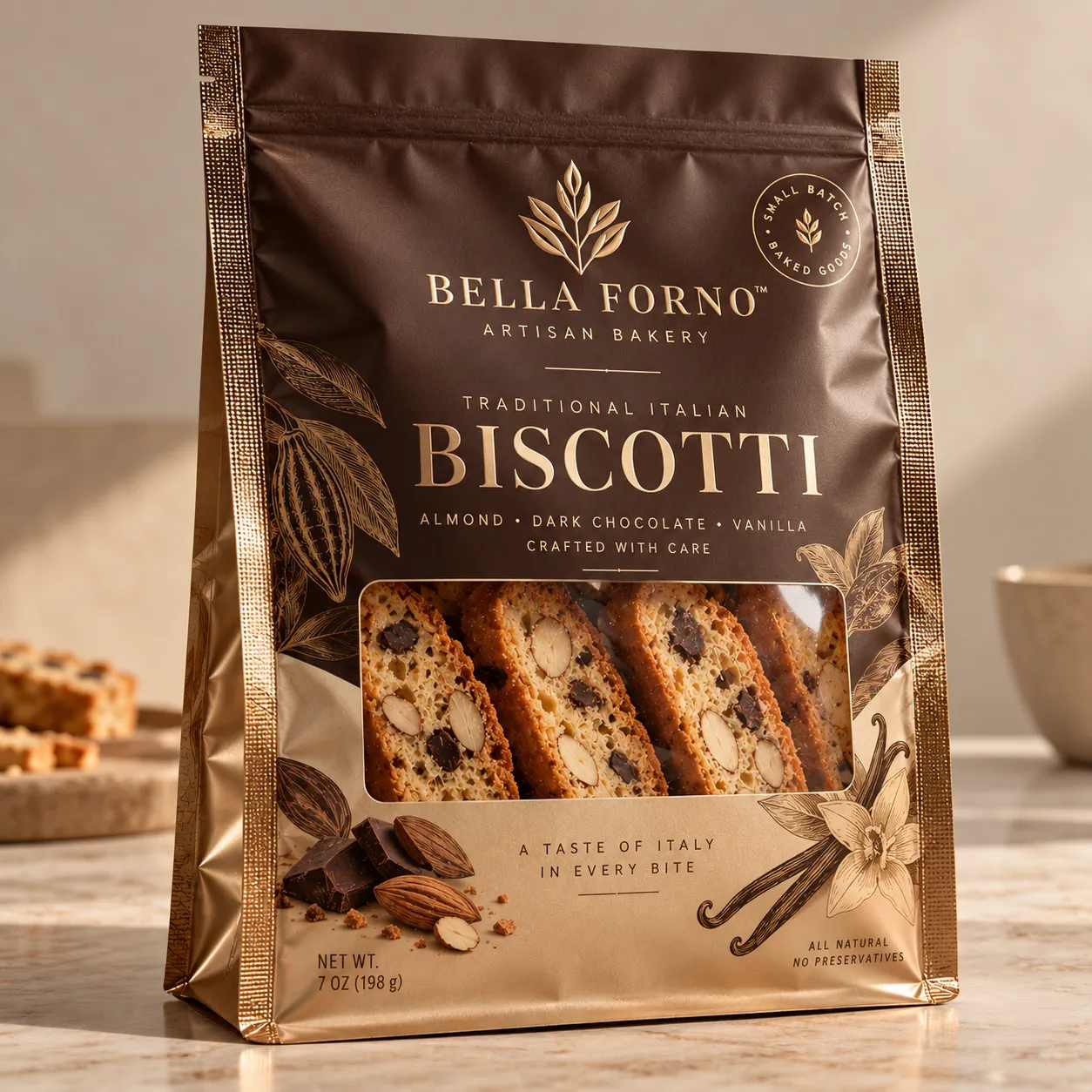 Bella Forno artisan biscotti packaging, brown gold foil bag, almond dark chocolate vanilla, premium Italian bakery product design