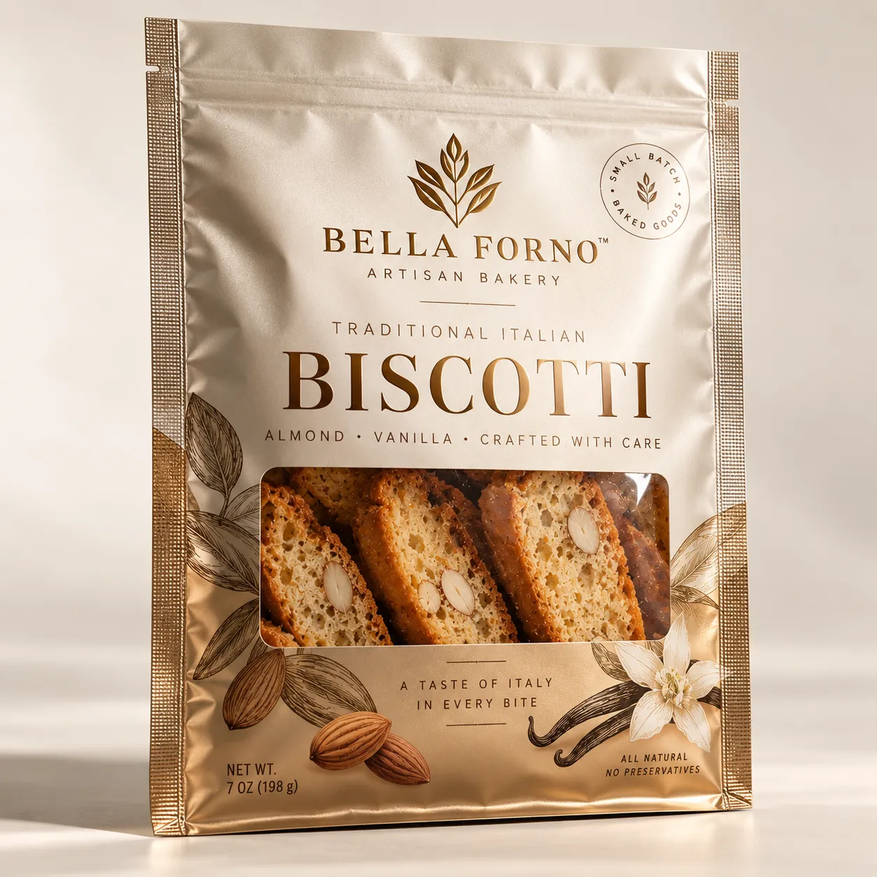 Gold foil stand-up pouch packaging for Bella Forno artisan biscotti, almond vanilla flavor, clear window displaying golden cookies